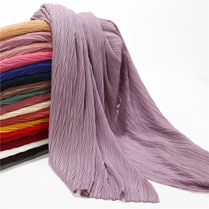 

New Malaysia Muslim Hijab Scarf Wrinkled Long Shawl Women Chiffon Crinkled Turban Headscarf Plain Colour Islamic Voile 85x180cm