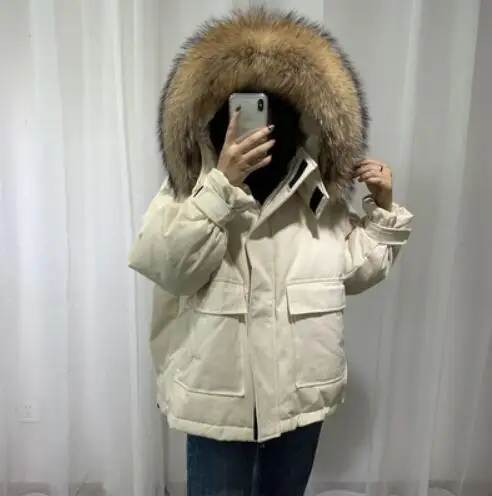 Real Fur Большой натуральный мех енота воротник с капюшоном женские белые пуховики Свободные Теплые утепленные парки для женщин зимняя куртка для женщин - Цвет: Real Fur