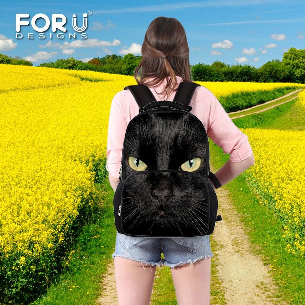 FORUDESIGNS/милый рюкзак с котом; женские рюкзаки для девочек-подростков; школьная сумка; Повседневный Черный рюкзак с принтом; Mochilas Back Pack Bag