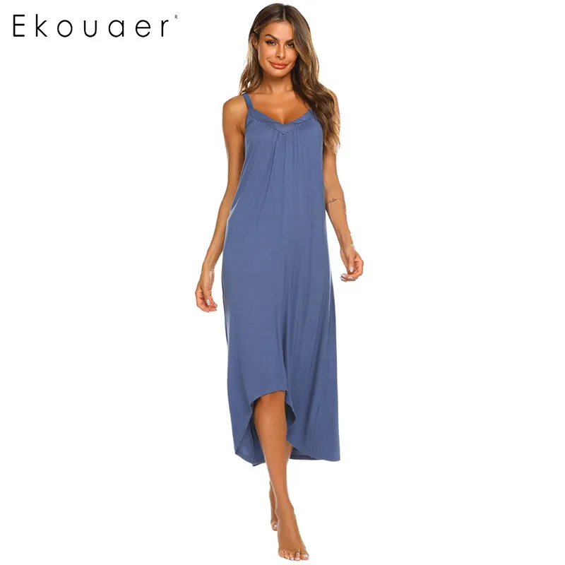 Blue Ekouaer ночная рубашка женская ночная рубашка однотонное платье с неровным подолом Спагетти ремень свободное платье с v-образным вырезом ночная рубашка одежда для сна - Цвет: Blue