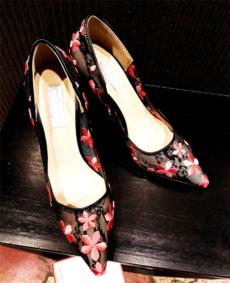 Kmeioo Elegant Embroider Flower Shoes Woman Wedding Pumps Pointed Toe High Heels Lace Stiletto Thin Heel Spring New S | Обувь