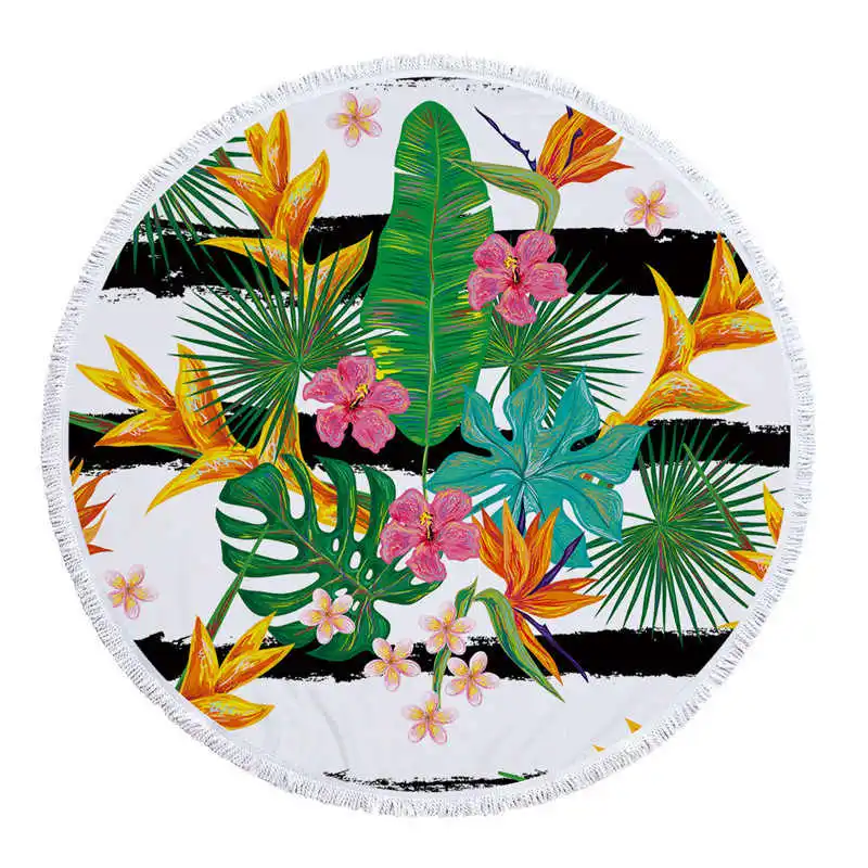 Тропический зеленый Растительный лист печати большое круглое пляжное банное