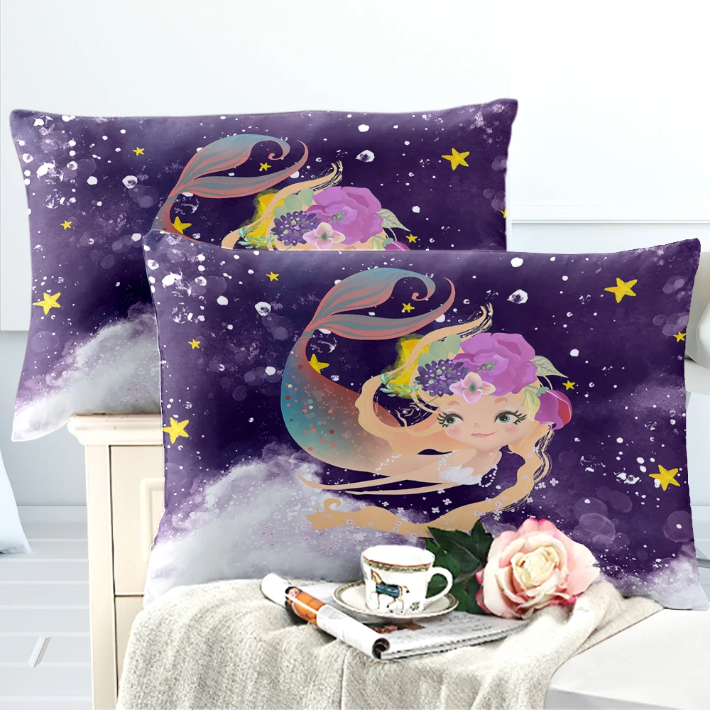

Girls Princess Bedding Set Cartoon Mermaid Flowers Duvet Cover Set Ocean Wave Print Bedding Pillowcase Bedclothes 3pcs D45