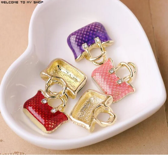 Free shipping Solid Alloy drop oil gold-color metal Cartoon lady handbags shape charms diy phone/key chain jewelry pendants