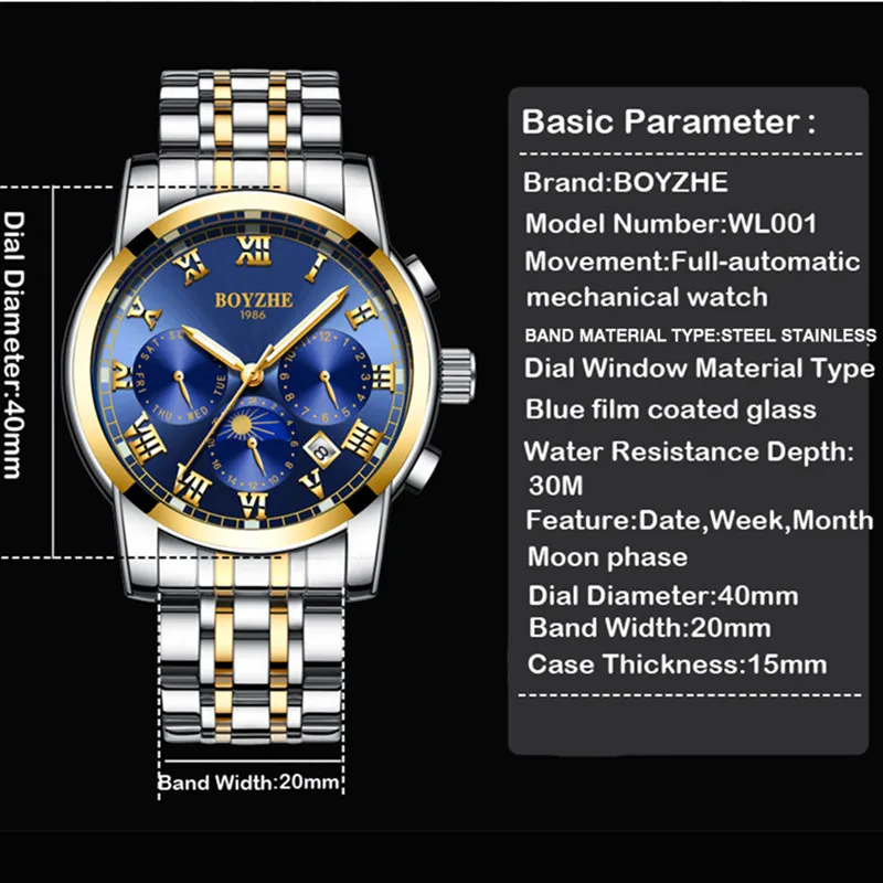 

New Mens Watches Top Brand Luxury Automatic Mechanical Watch Men Waterproof Full Steel Moon phase Watch Male Relogio Masculino