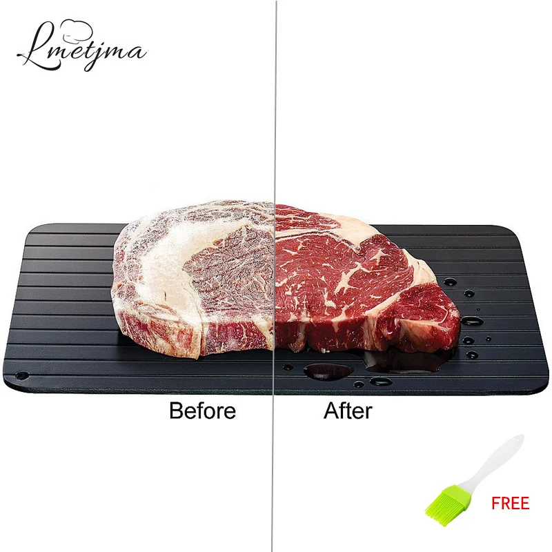 LMETJMA Fast Defrosting Tray Aluminium Alloy Thaw Food Defrosting Tray Frozen Meat Fish Food Tray With Brush Meat Tools KC0044