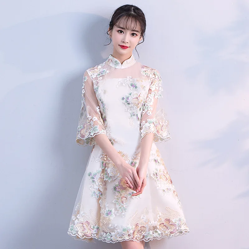 Винтажное китайское женское кружевное платье Qipao с цветами Элегантное свадебное