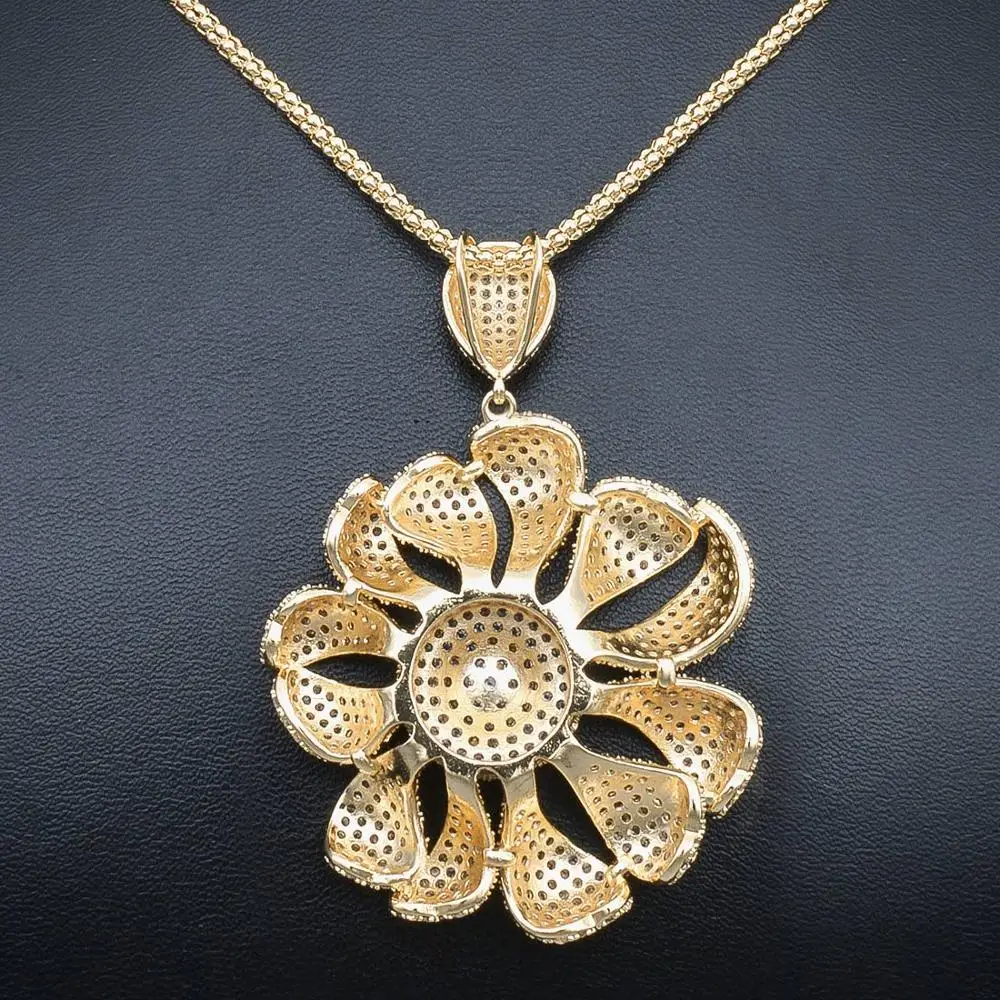 

ModemAngel Big Blooming Flower Copper High Quality Cubic Zircon Gold Color Copper Pendant Necklace And Earring Women Jewelry
