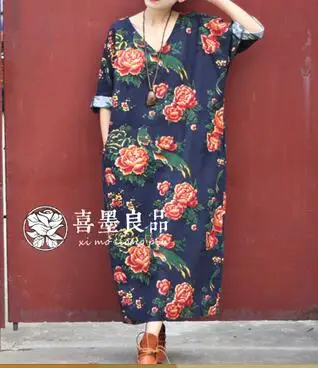 

1pcs/lot bohemian style woman V-neck Vintage Print Three Quarter Sleeve Loose dress summer casual dress