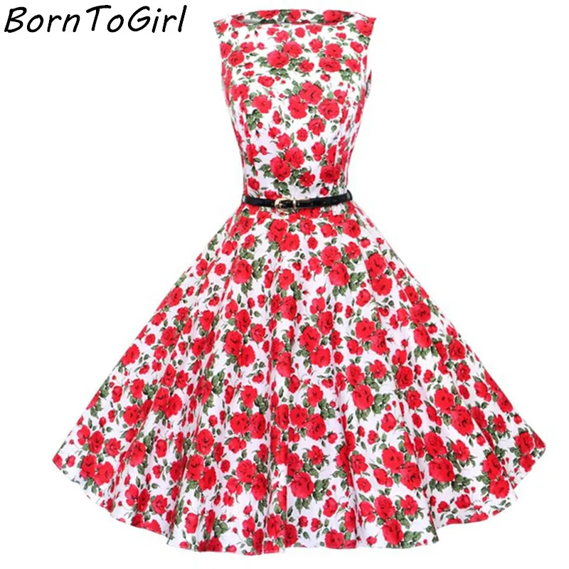 Borntogirl летние женские винтажные Высокая Талия Тонкий Belted Printed платье на бретелях