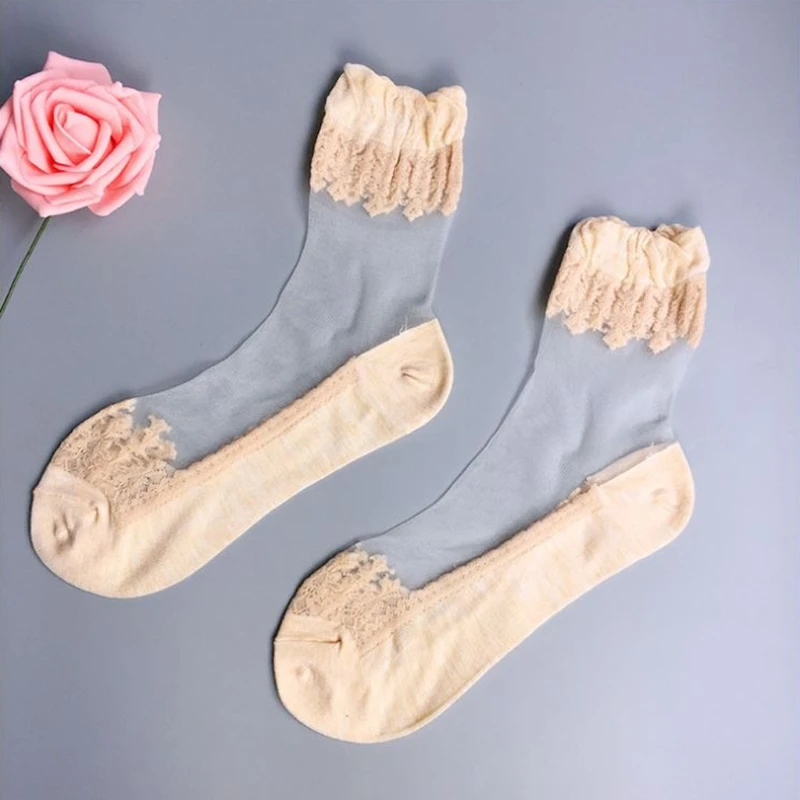 

1Pair Lace Embroidery Silk Transparent Glass Crystal Stretch Women Socks