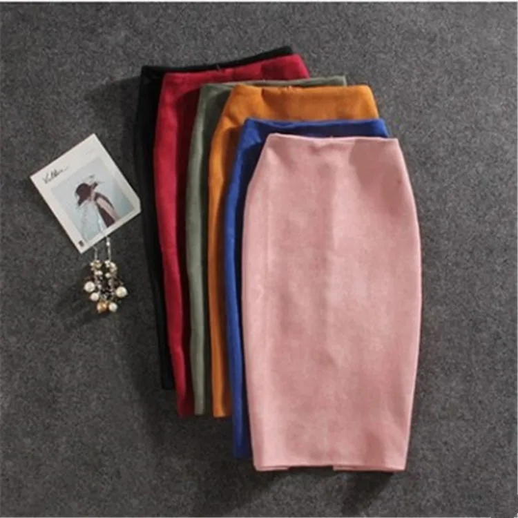 Multi colors Women Skirt Autumn Winter Solid Suede Work Wear Package Hip Pencil Midi Back Split Bodycon B95591 | Женская одежда