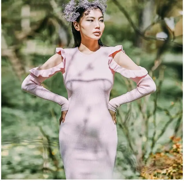

Women Pencil Dress Autumn Elegant Sexy Off shoulder Long Sleeve Ruffle Female Silm Dresses Solid Black Pink Vestidos