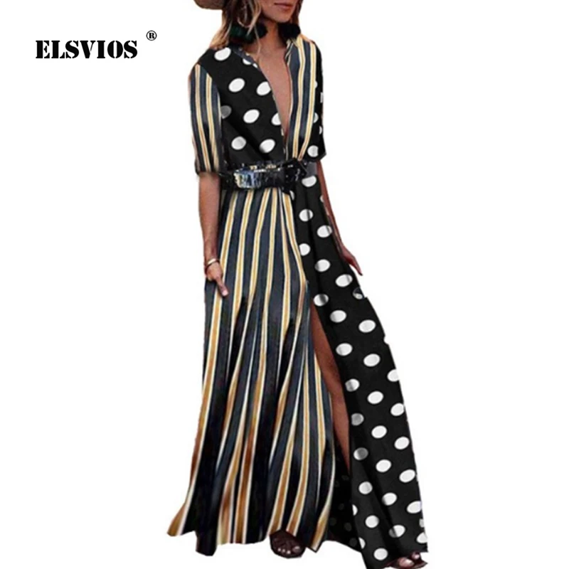 ELSVIOS модное осеннее платье рубашка с разрезом женское длинное в горошек отложным