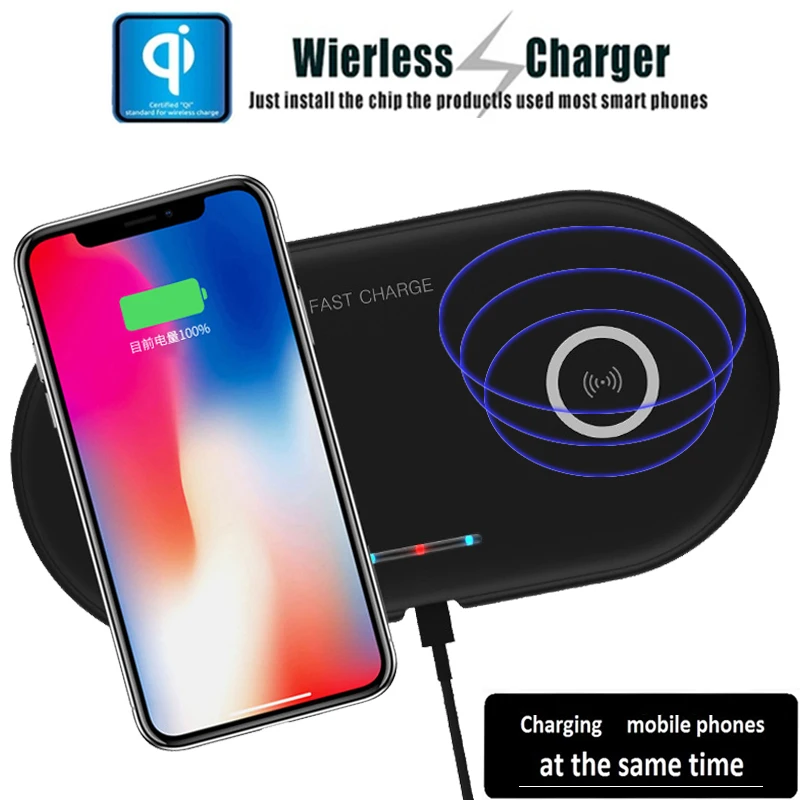 2 в 1 двойное Беспроводное зарядное устройство QI быстрая зарядка для iPhone 8 10 X Samsung