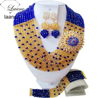 fashionable royal blue champagne gold crystal beads nigerian wedding african beads jewelry set bridal jewelry sets aac215