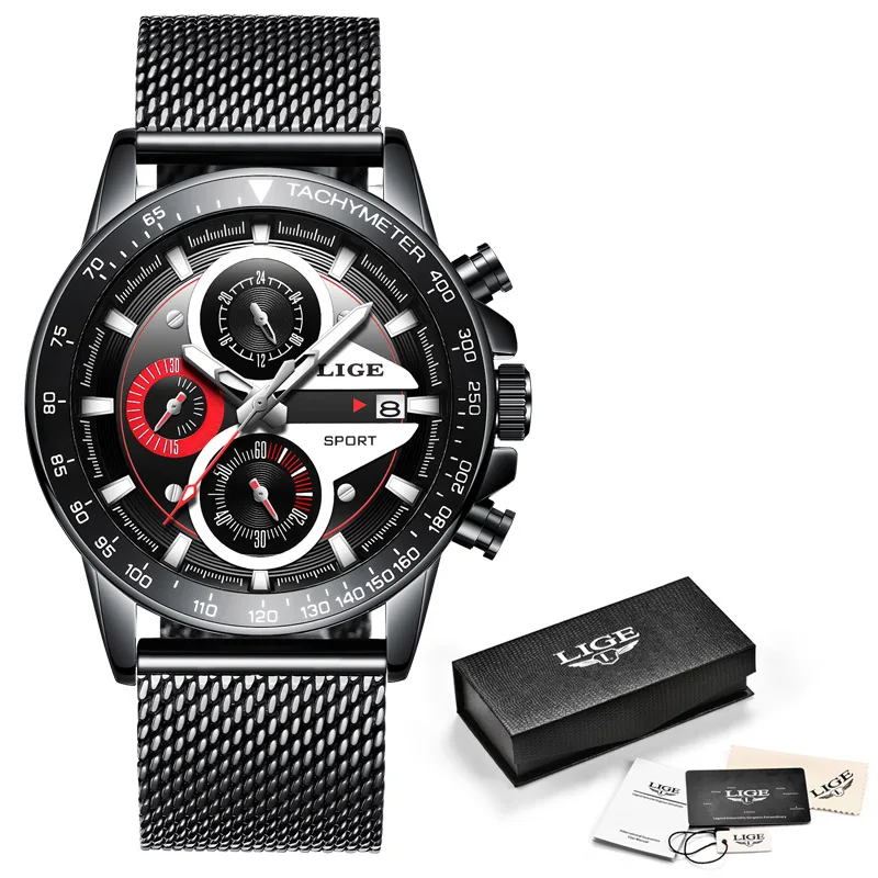M Full Black LIGE модные мужские часы, мужские креативные бизнес-часы с хронографом, кварцевые часы из нержавеющей стали, водонепроницаемые мужские часы, мужские часы - Цвет: M Full Black