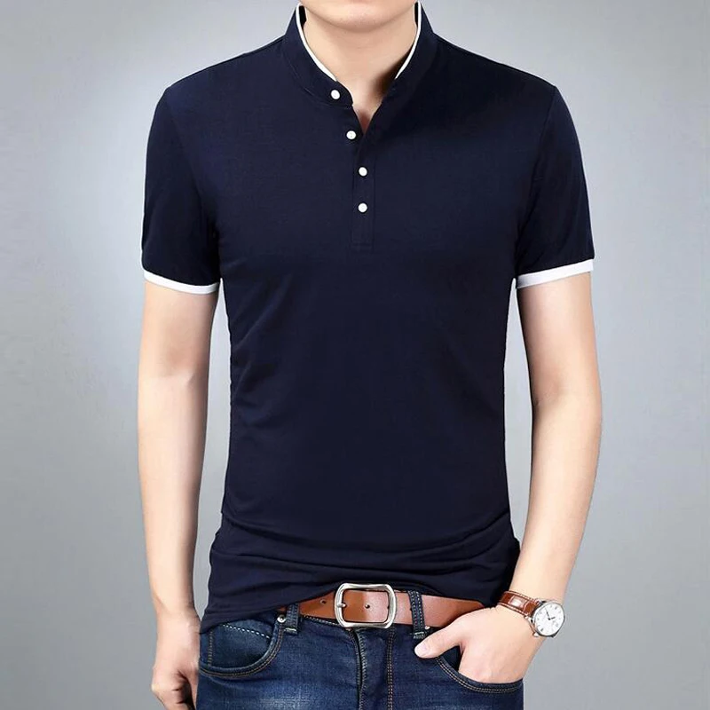Summer Tshirt Men New Fashion Solid Color Slim Fit Short Sleeve T Shirts Mens Mandarin Collar Casual T-Shirt Brand Clothing | Мужская