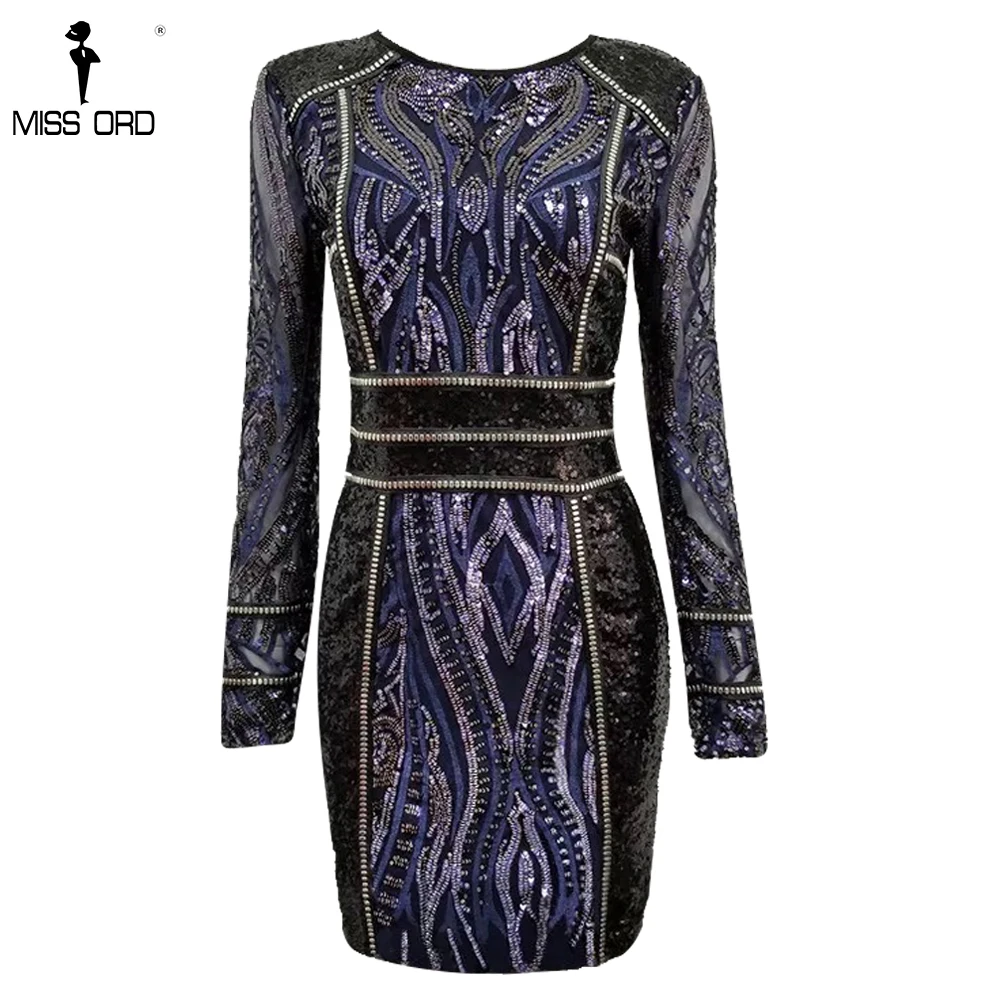 Missord 2019 женские сексуальные длинные рукава Bodycon Sequin Роскошные платья элегантные