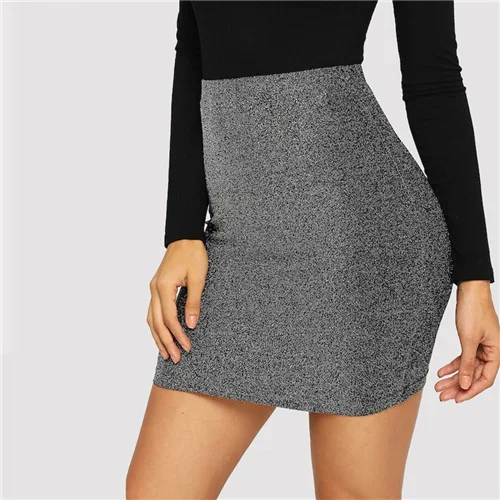 Grey Sheinside, модная, серая, металлическая, облегающая мини юбка, для женщин, весна, высокая талия, юбки, элегантные, OL, для девушек, рабочая одежда, юбки-карандаш - Цвет: Grey