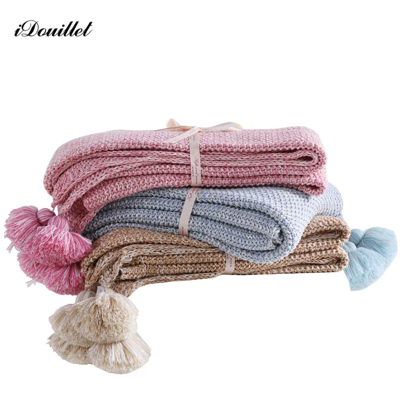 IDouillet шикарное двухцветное 100% хлопковое вязаное одеяло с помпоном для кровати