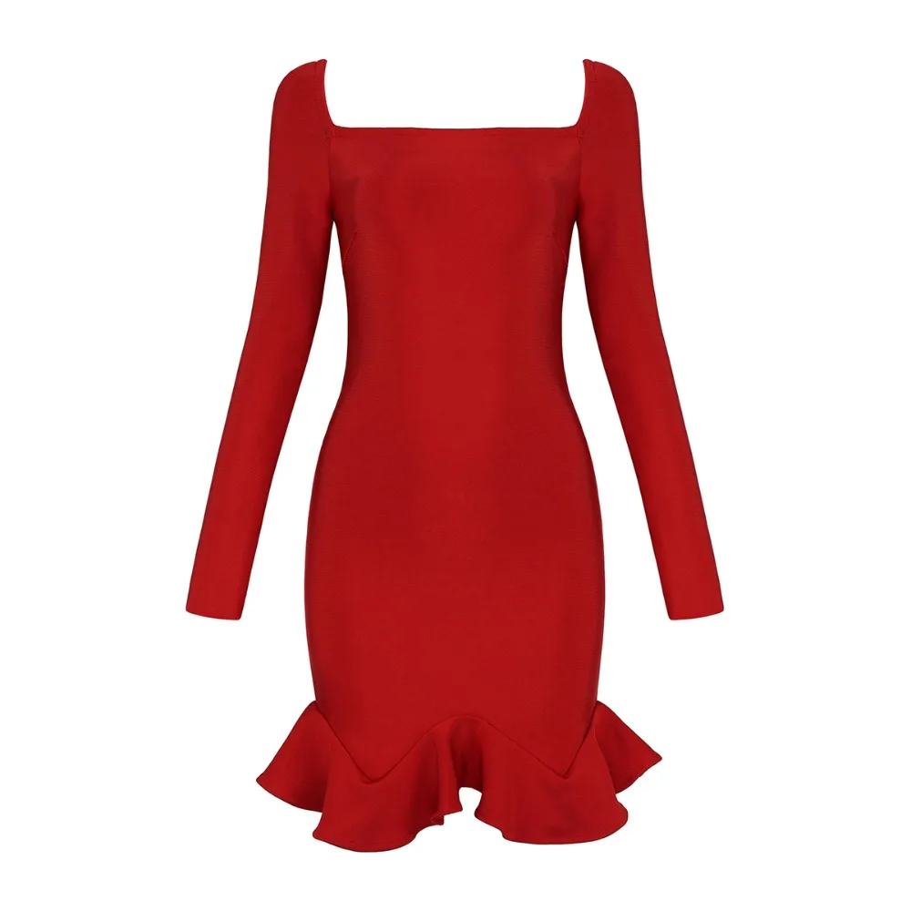 

2019 New beige black Red Ruffles Vestidos Women Square Collar long sleeve dresses bodycon Celebrity evening Party Bandage dress
