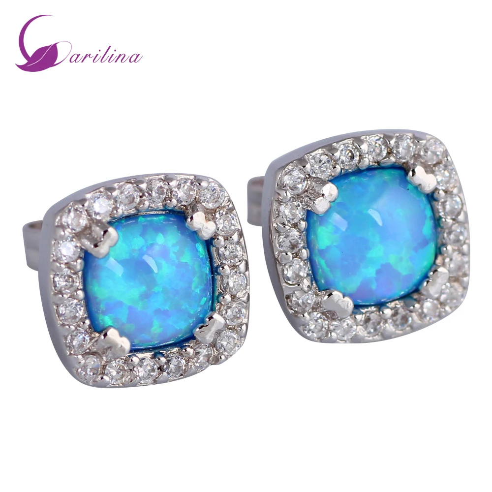 

Square White Cubic Zirconia Blue Opal Simulated Silver Color Women's Stud Earrings Fashion Jewelry E377