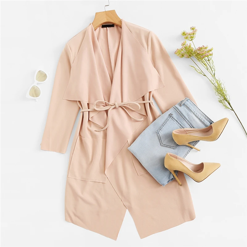 

folding Waterfall Collar Pocket Front Wrap Work Wear Trench Peach 3/4 Sleeve Apricot Knee Length With Belts Office Women Coat