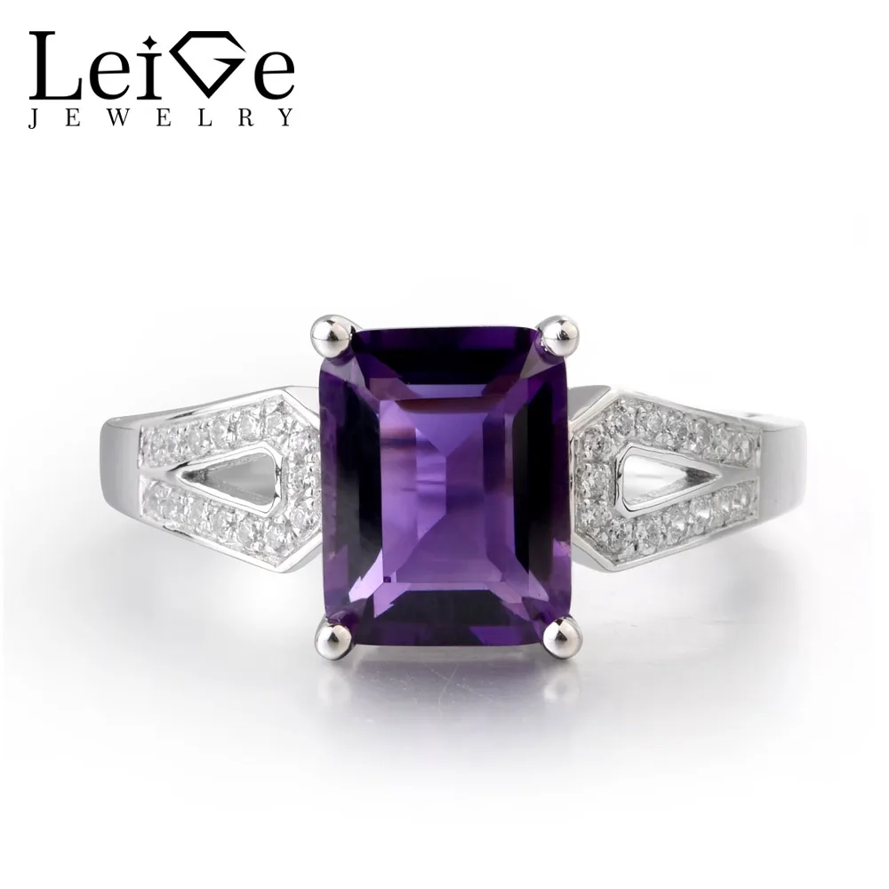 

Leige Jewelry Natural Purple Color Amethyst Gemstone 925 Sterling Silver February Birthstone Emerald Cut Anniversary Rings