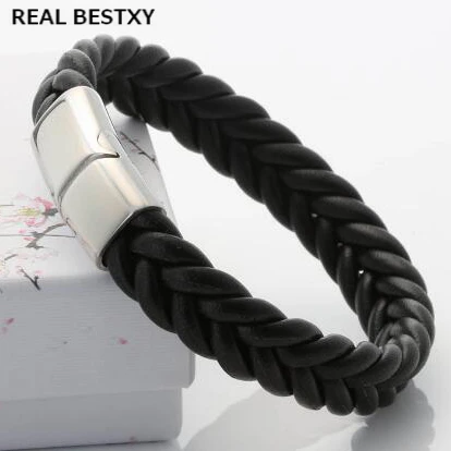 Черный кожаный браслет BESTXY с логотипом на заказ из нержавеющей стали магнитной