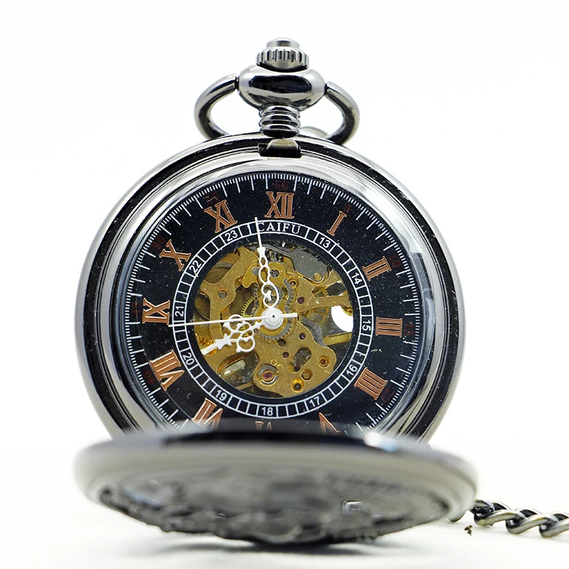 Black Smooth Texture Crane Mechanical Pocket Watch Retro Steampunk Gentleman Style Men's and Women's Necklaces Pendant Clock
