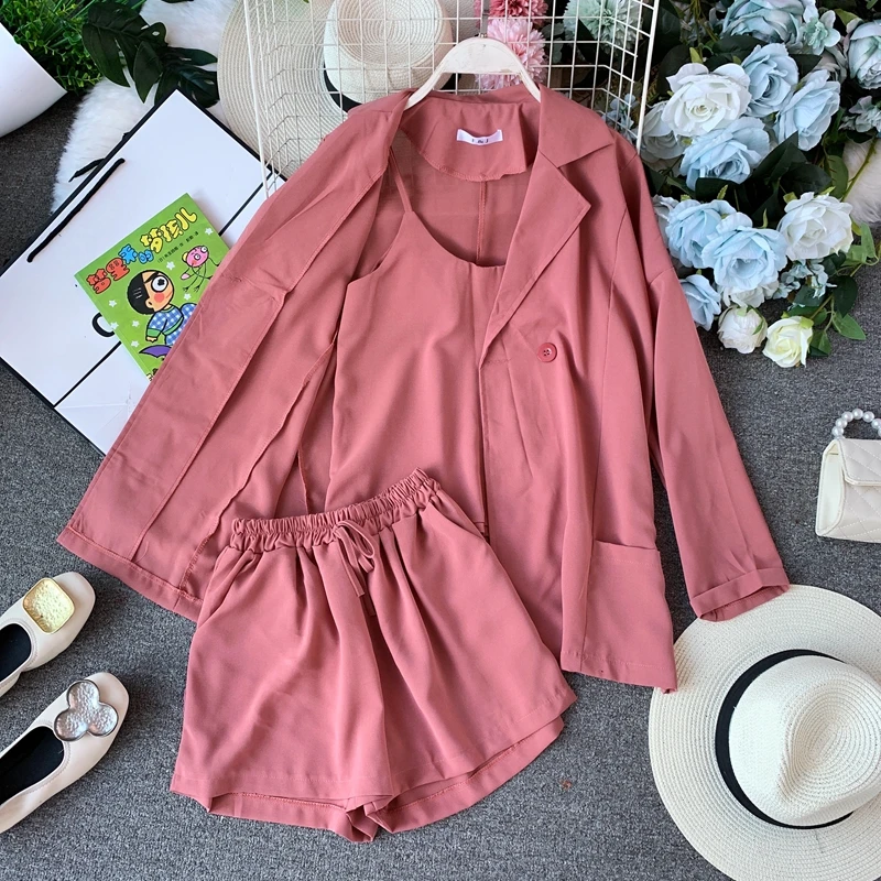 ALPHALMODA Лето Осень женский жакет с длинным рукавом+ топ на бретельках+ шорты повседневный комплект из 3 предметов женский однотонный наряд
