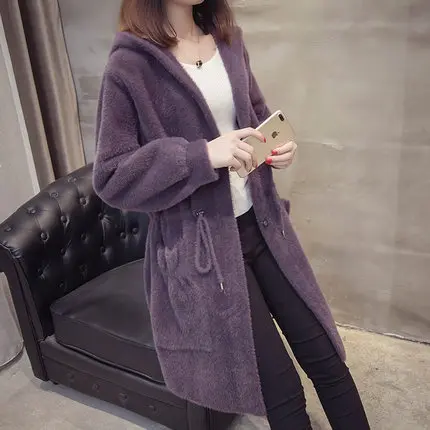gray purple Осень и зима новая имитация воды норка бархатное пальто Женская Корейская версия с капюшоном Свободный Длинный норковый свитер пальто утолщение - Цвет: gray purple