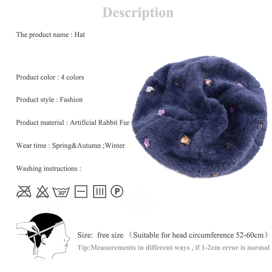 Winfox Темно синий со стразами искусственного меха кролика зима Шапки Skullies шапочки