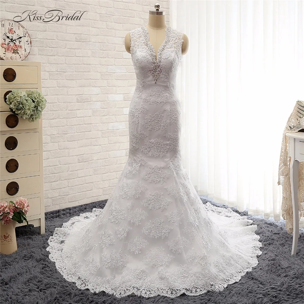 Женское свадебное платье русалка без рукавов винтажное кружевное с V образным