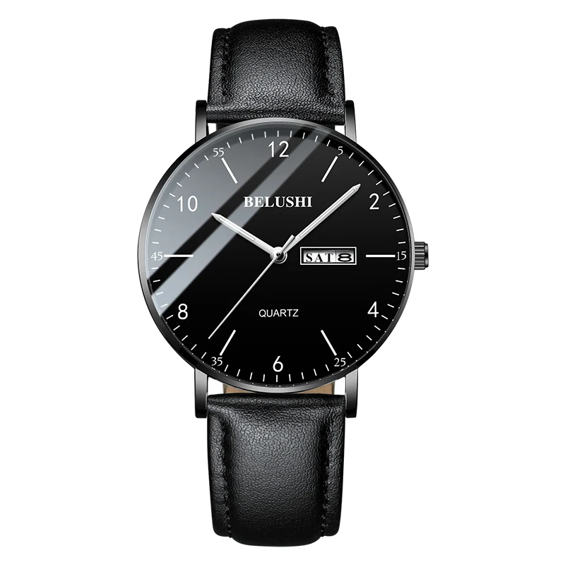 Leather Black Black Мужские часы, ультра тонкие, стальные, сетчатые, кварцевые наручные часы, двойной календарь, простые, черные, мужские часы Hodinky, мужские часы, Relogio Masculino - Цвет: Leather Black Black