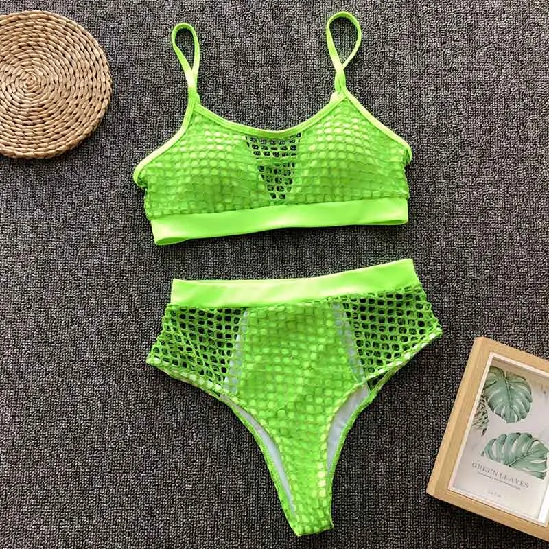 Summer Swimwear Women Solid Color High Waist Mesh Bikini Set Push Up Pad Beachwear Bathing Swimwear Female Bikini Set Swimsuit