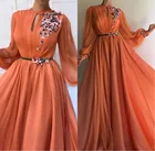 Мусульманские оранжевые вечерние платья с длинным рукавом и цветами в Дубае ТРАПЕЦИЕВИДНОЕ шифоновое исламское арабское длинное платье для выпускного вечера