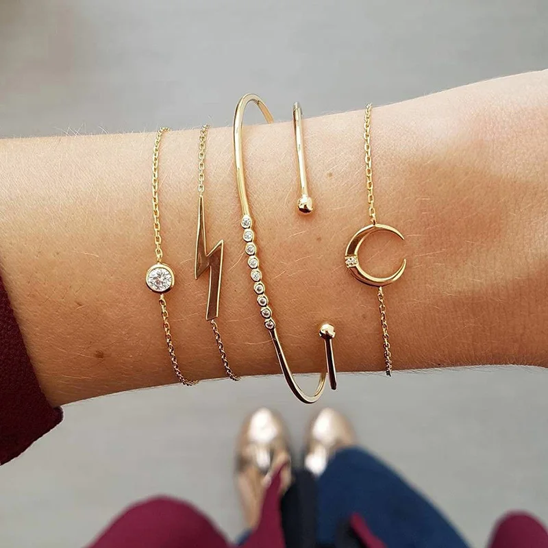 

5 Pcs/Set Simple Gold Chain Women's Bracelets Thunder and Lightning Moon Charm Bracelets Bangles for Women Jewelry Accessories