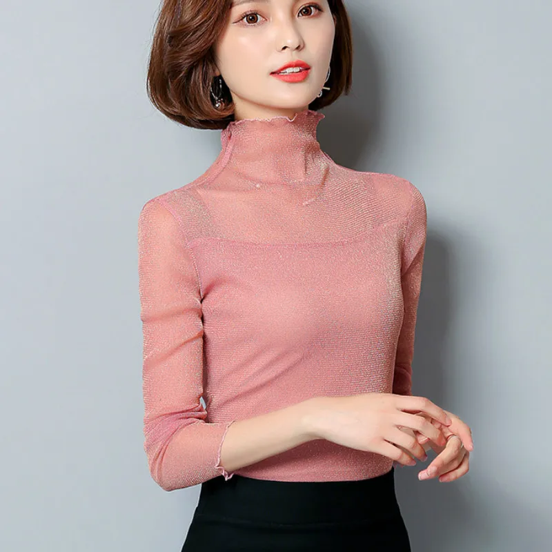 Весна 2020 серебряные блестящие кружевные рубашки с длинным рукавом и воротником