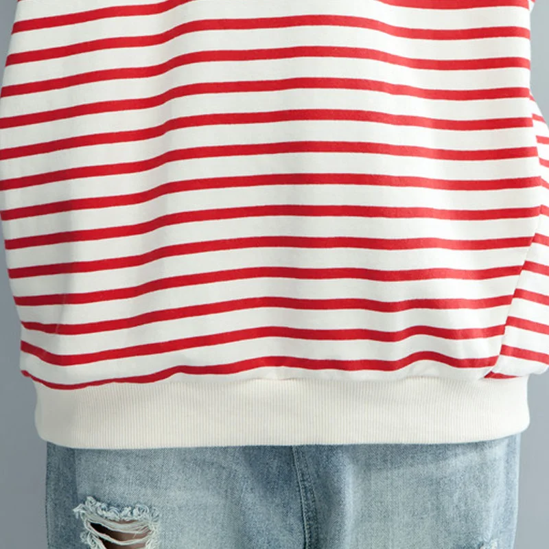 Женские Красные Полосатые футболки 2019 Осенние новые Лоскутные Джинсовые с