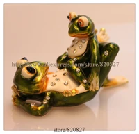 gorgeous miniature 2 frogs jewelled box jewelry box with inlaid crystal pill box figurine green frogs jewelry trinket box