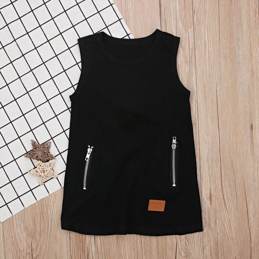 Infant Baby Girl Kids Black Sleeveless Solid Cotton Zipper Pocket Dress Outfit Clothing Casual Style School Wear Costume | Детская