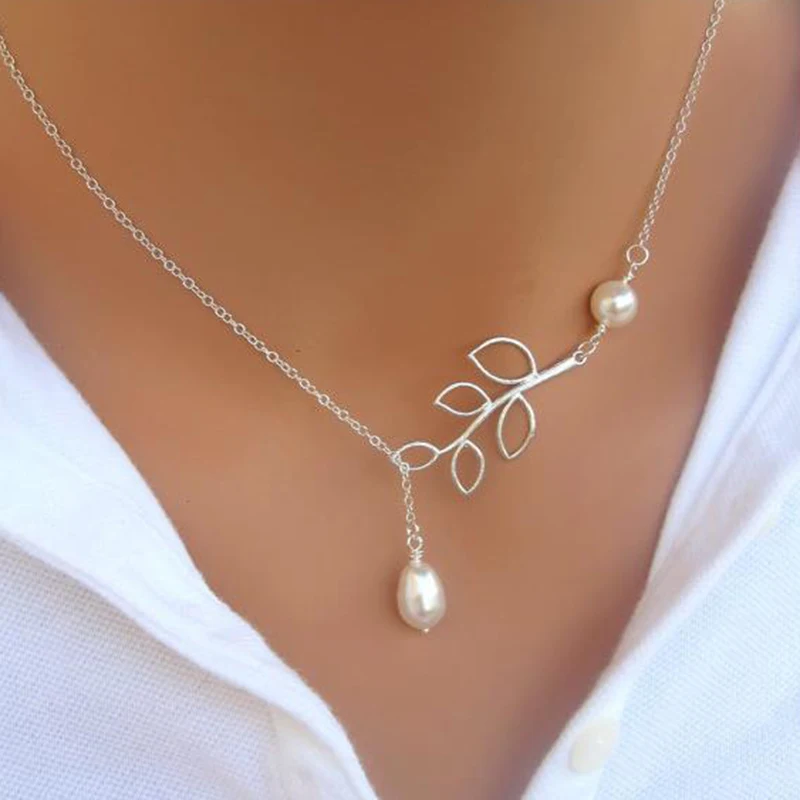 Женское Ожерелье с имитацией жемчуга в виде ветки Листьев капли воды подвеска на