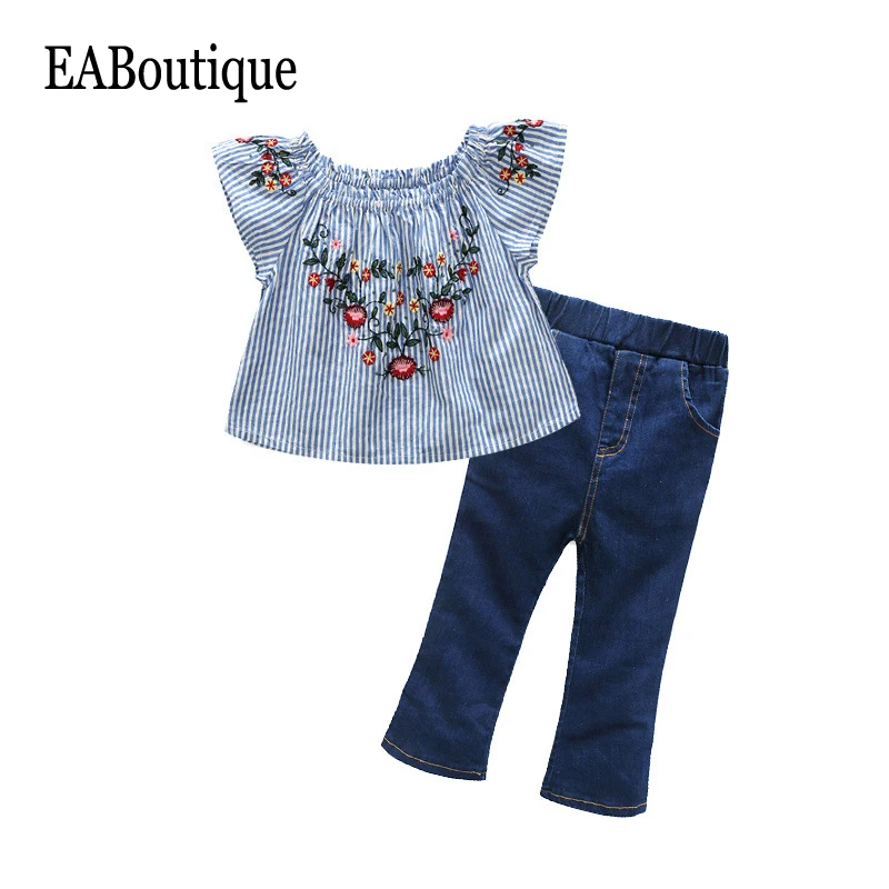 Eaboutique/Летняя модная одежда для девочек Цветочная вышивка в полоску с