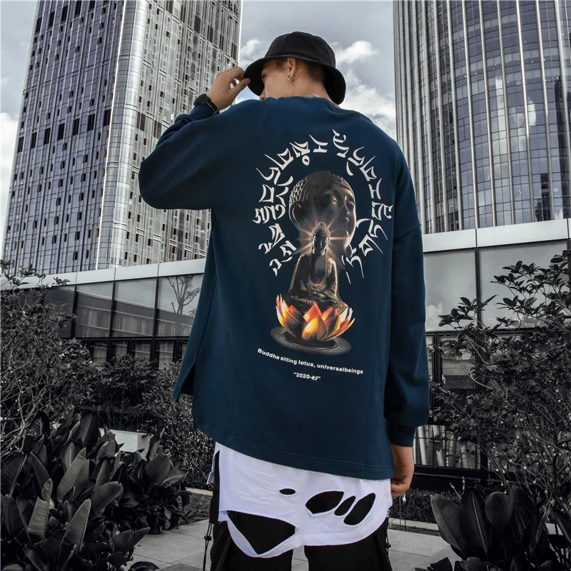 Autumn 2019 New Hip Hop Lotus Buddha Statue Sweatshirt Men | Мужская одежда