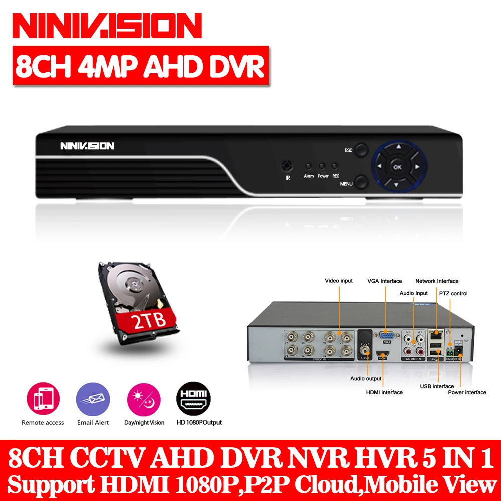 NINIVISION 8CH гибридный видеорегистратор Onvif P2p 5 в 1 4MP AHD DVR NVR XVR CCTV 8Ch 1080 P 3MP 5MP Гибридный