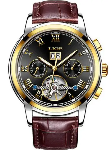 Gold black leather LIGE автоматические механические мужские часы Лидирующий бренд деловые мужские часы нержавеющая сталь спортивные водонепроница - Цвет: Gold black leather