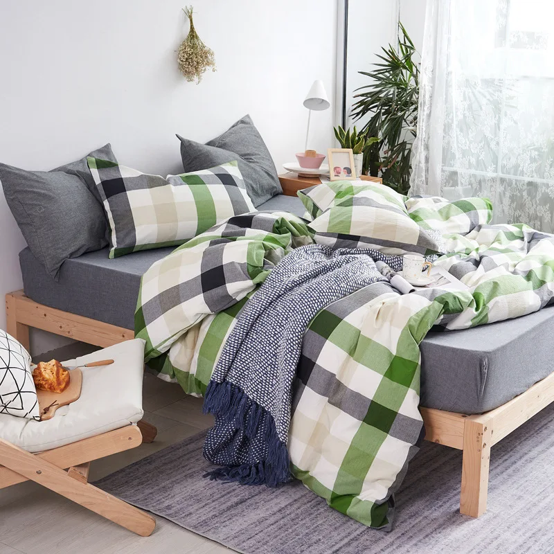 

Quality 4pcs Bedding Set Fitted Sheet Quilt Duvet Cover Pillowcase Pillow Sham 100% Cotton Washable No Chemical Big Small Plaid