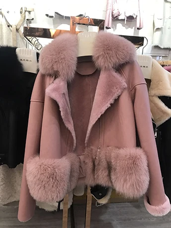 pink Maylofuer Россия мода Натуральная кожаная куртка из овчины для женщин из натурального меха лисы и тонкой шубы на зиму - Цвет: pink